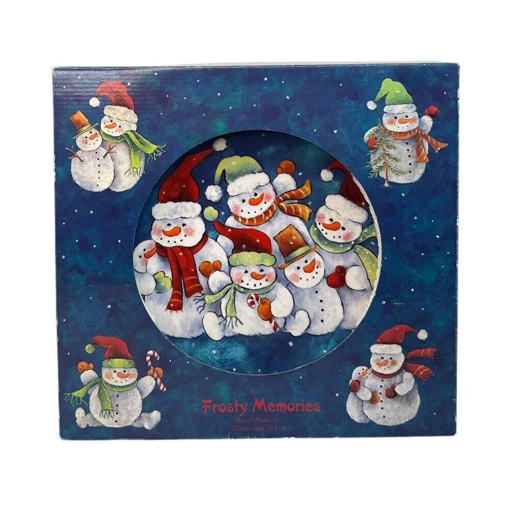 Frosty Memories Round 12" Snowman Winter Christmas Serving Platter in Box